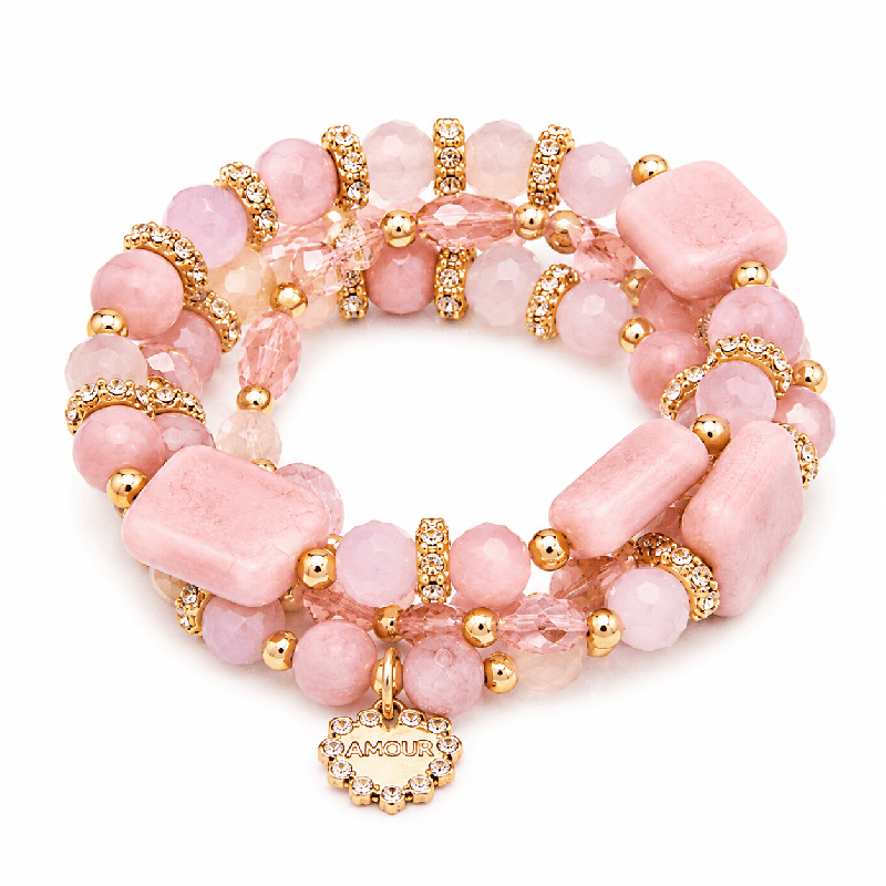 Pulsera elástica de estilo elegante con combinación de piedras efecto mármol COLOR ROSA