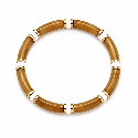 Pulsera elástica de diseño elegante con piezas tubulares y delicados detalles dorados y blancos.