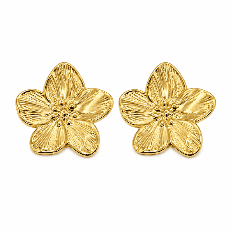 Pendientes tipo botón con diseño floral elegante y acabado dorado brillante