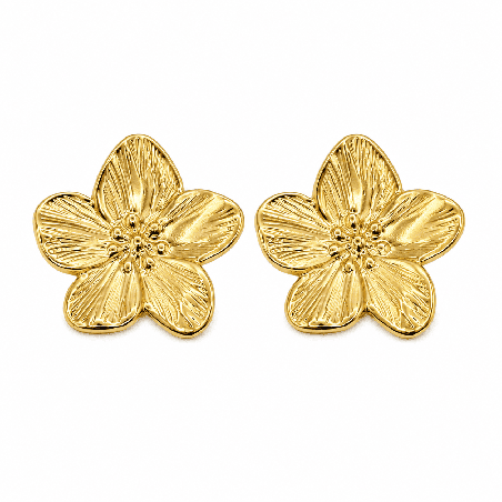 Pendientes tipo botón con diseño floral elegante y acabado dorado brillante