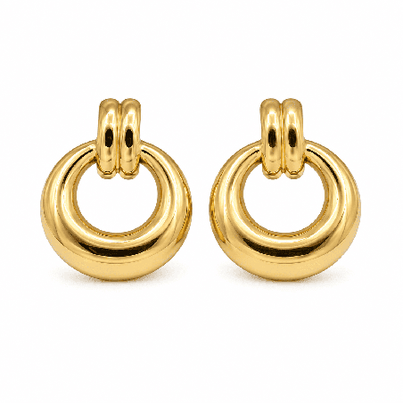 endientes tipo botón con diseño circular moderno y acabado dorado brillante