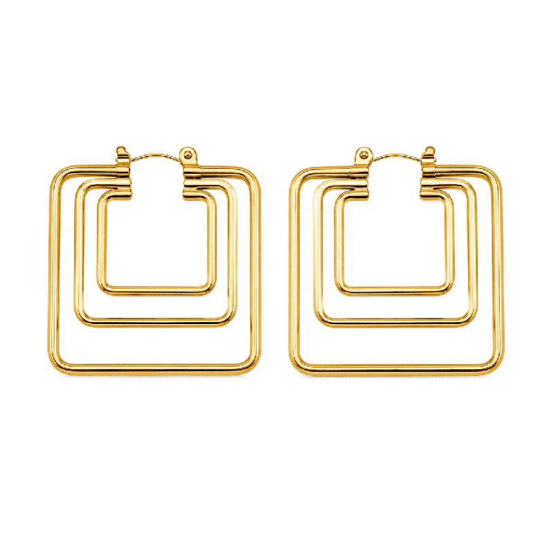 Pendientes geométricos de diseño moderno con triple cuadro entrelazado y acabado dorado brillante