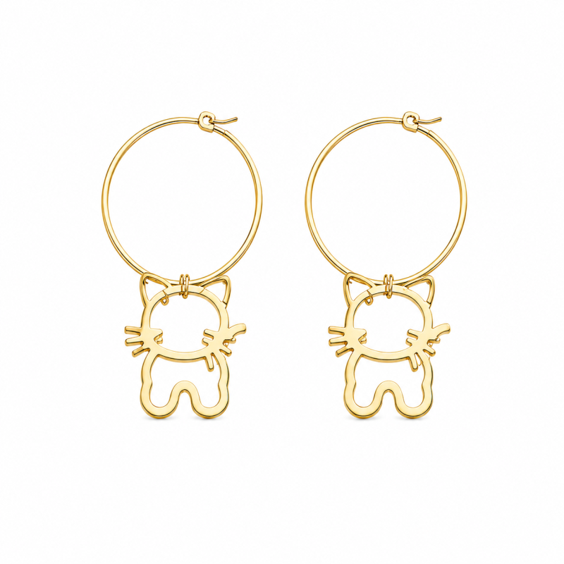 Pendientes tipo aro con delicado diseño de gatito colgante y acabado brillante premium