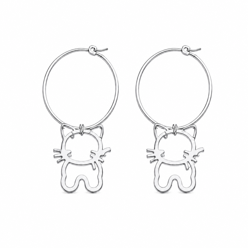 Pendientes tipo aro con delicado diseño de gatito colgante y acabado brillante premium