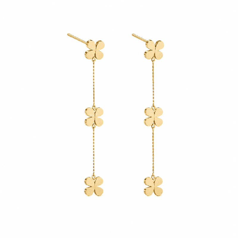 Pendientes colgantes con delicado diseño floral tipo trébol y acabado brillante premium.