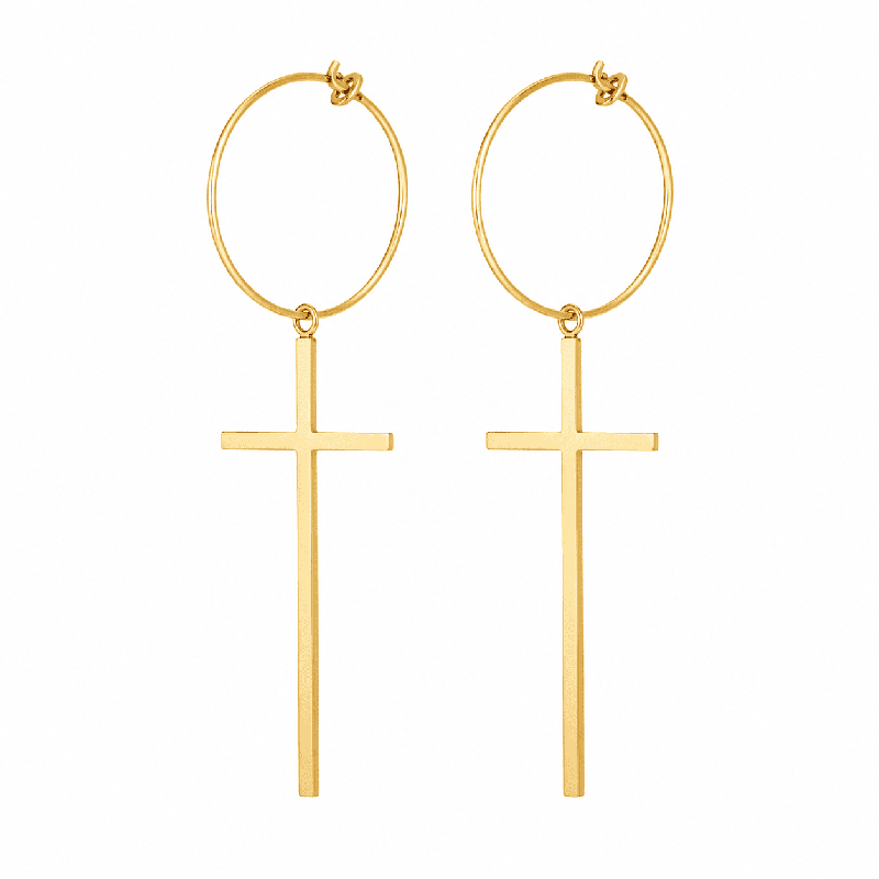 Pendientes largos con diseño de cruz minimalista y acabado brillante premium