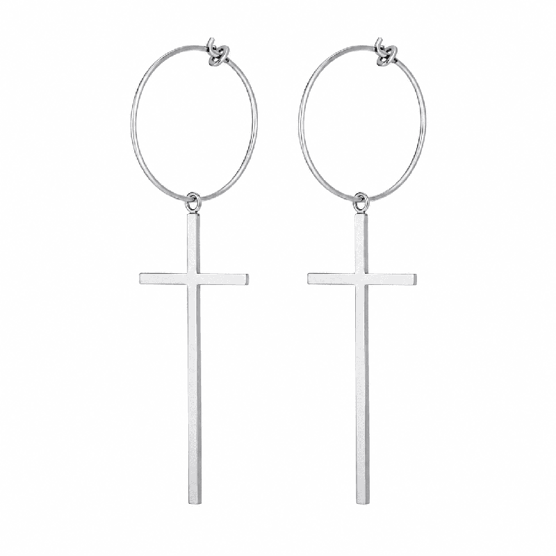 Pendientes largos con diseño de cruz minimalista y acabado brillante premium