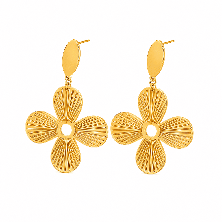 Pendientes largos con diseño floral moderno y acabado brillante premium.
