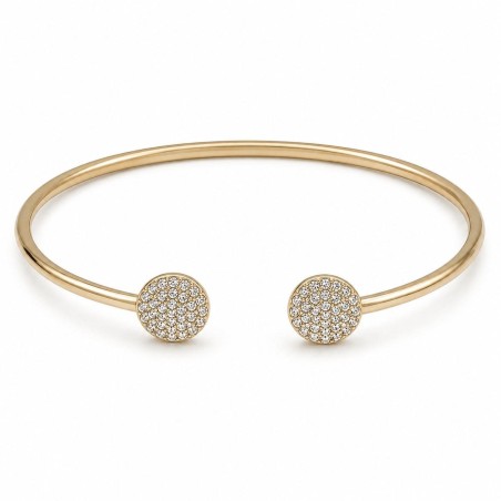 Brazalete abierto de diseño minimalista con detalles circulares efecto cristal y acabado premium.