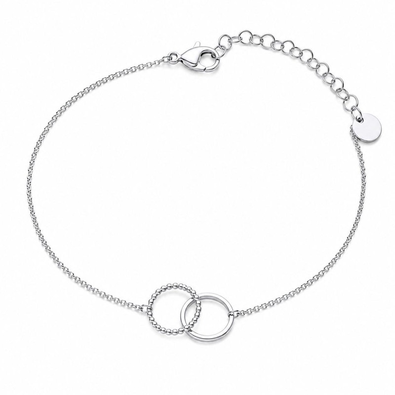 Pulsera delicada de doble círculo entrelazado con diseño minimalista y acabado brillante premium.