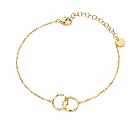 Pulsera delicada de doble círculo entrelazado con diseño minimalista y acabado brillante premium.