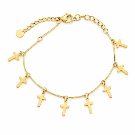 Pulsera delicada de cruces colgantes con diseño minimalista y acabado brillante premium.