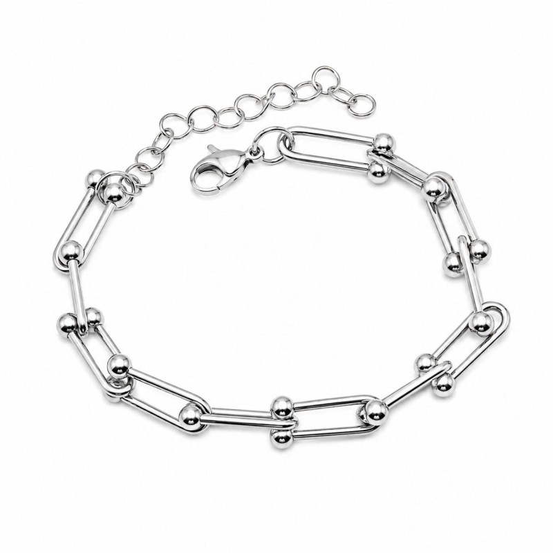 Pulsera de diseño moderno con eslabones alargados y delicados detalles esféricos que aportan un acabado elegante y sofisticado.