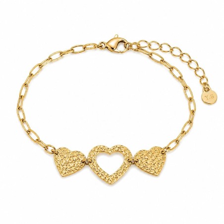 Pulsera con delicado diseño de corazones texturizados y acabado brillante premium.