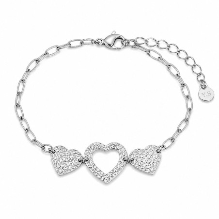 Pulsera con delicado diseño de corazones texturizados y acabado brillante premium.