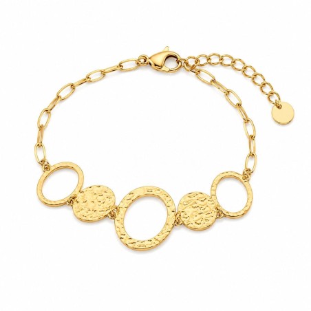 Pulsera con diseño geométrico de círculos texturizados y acabado brillante premium.