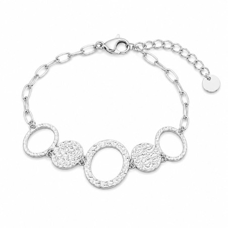 Pulsera con diseño geométrico de círculos texturizados y acabado brillante premium.
