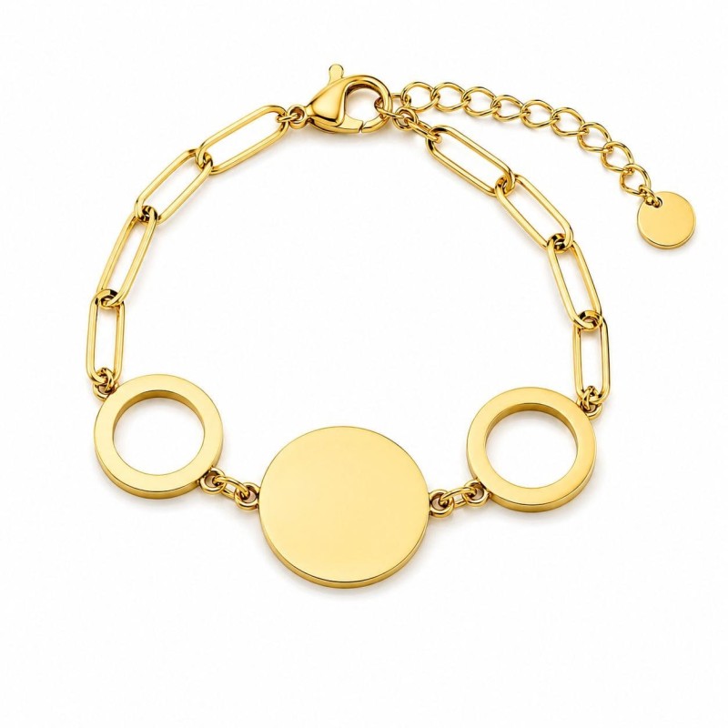 Pulsera con diseño geométrico de círculos y acabado brillante premium.