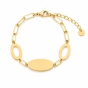 Pulsera con diseño geométrico de óvalos y eslabones modernos, elaborada en acero inoxidable con acabado brillante premium.