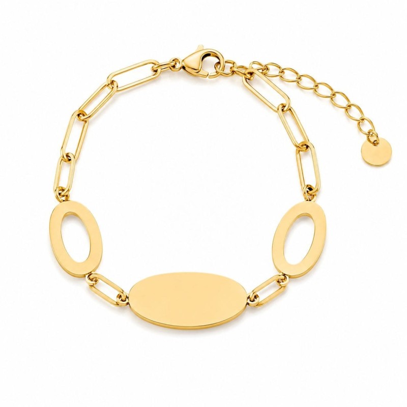 Pulsera con diseño geométrico de óvalos y eslabones modernos, elaborada en acero inoxidable con acabado brillante premium.