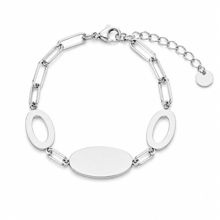 Pulsera con diseño geométrico de óvalos y eslabones modernos, elaborada en acero inoxidable con acabado brillante premium.