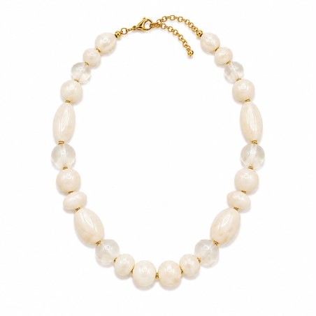 Collar de inspiración elegante y luminosa compuesto por cuentas en tono blanco roto translúcido con delicados matices nacarados.