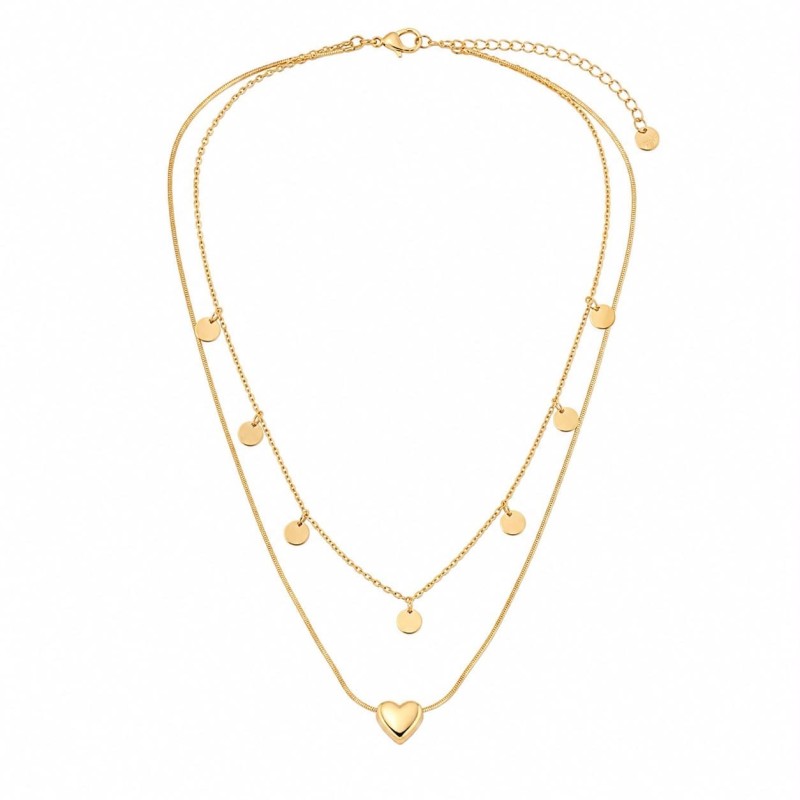 Collar de doble cadena con delicados charms circulares y colgante de corazón que aporta un estilo romántico.