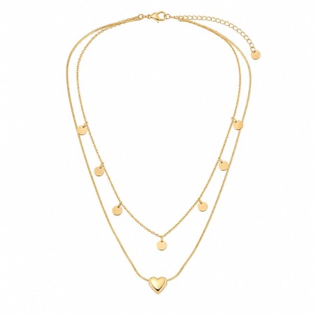 Collar de doble cadena con delicados charms circulares y colgante de corazón que aporta un estilo romántico.