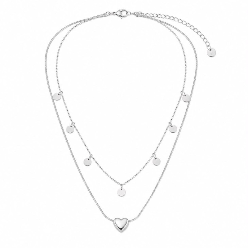 Collar de doble cadena con delicados charms circulares y colgante de corazón que aporta un estilo romántico.