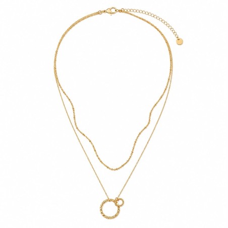 Collar de doble cadena con colgante de círculos entrelazados que simbolizan la unión, la armonía y la elegancia atemporal.