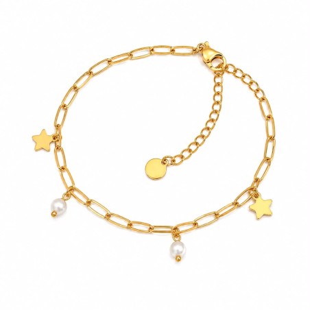 Una tobillera delicada y femenina que combina la ligereza de los eslabones con el encanto de pequeñas perlas.