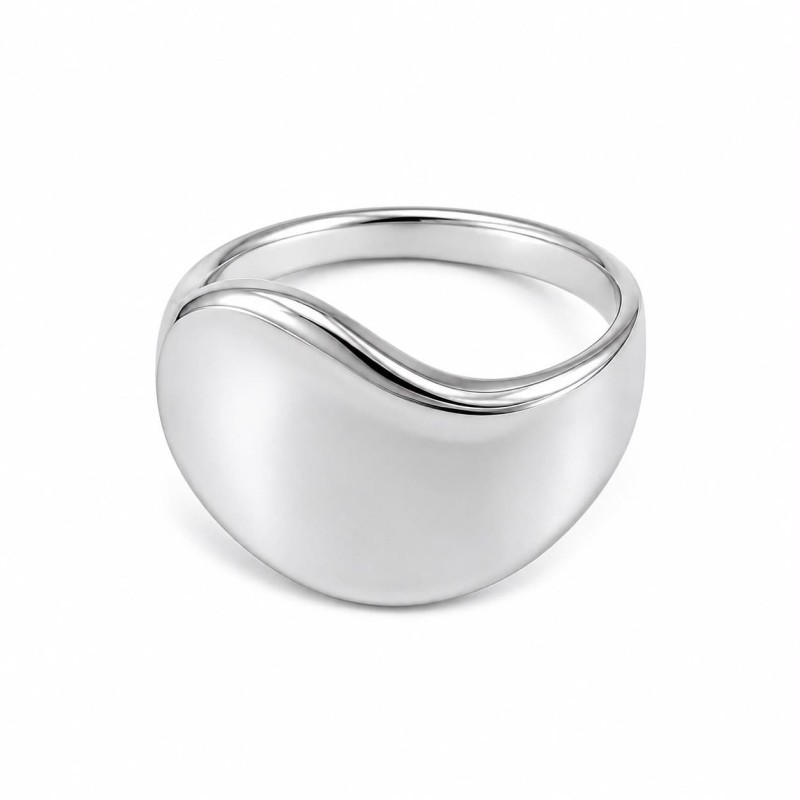 Anillo de diseño minimalista y contemporáneo que destaca por sus líneas fluidas y su elegante silueta asimétrica.