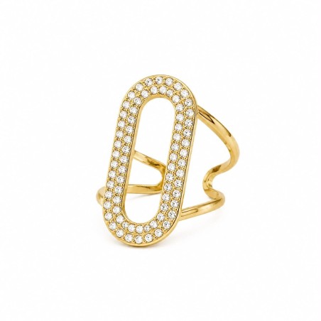 Anillo de diseño elegante y contemporáneo que destaca por su sofisticada silueta ovalada adornada.
