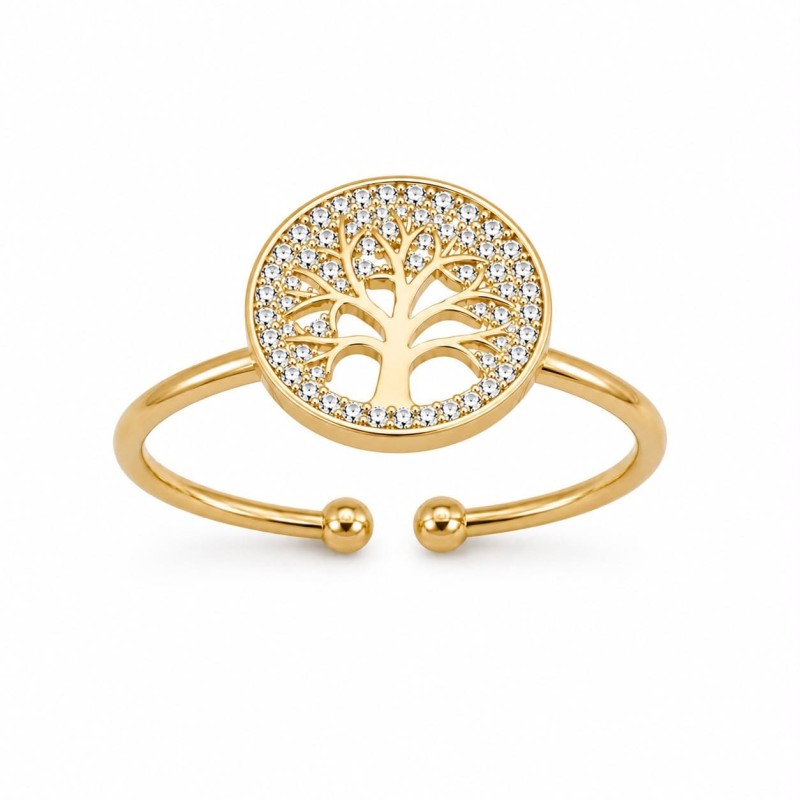 Anillo de diseño simbólico y sofisticado inspirado en el Árbol de la Vida y un emblema de crecimiento.