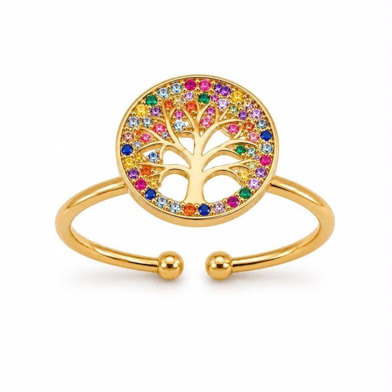 Anillo de diseño simbólico y sofisticado inspirado en el Árbol de la Vida y un emblema de crecimiento.