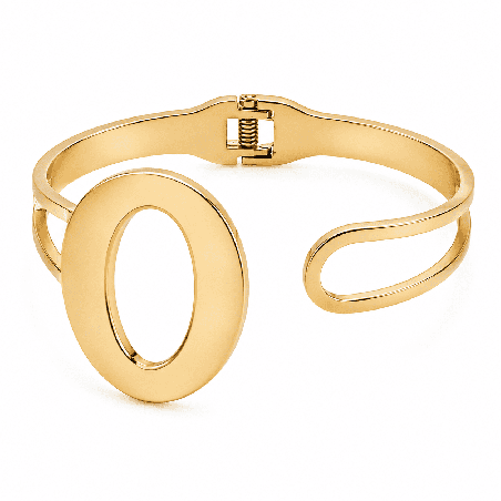 Brazalete tipo cuff con diseño minimalista y detalle ovalado de acabado brillante COLOR DORADO