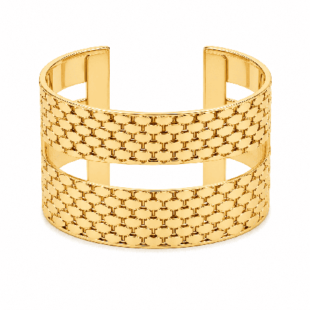 Brazalete tipo cuff de diseño ancho con elegante textura estilo cadena y acabado premium brillante color dorado